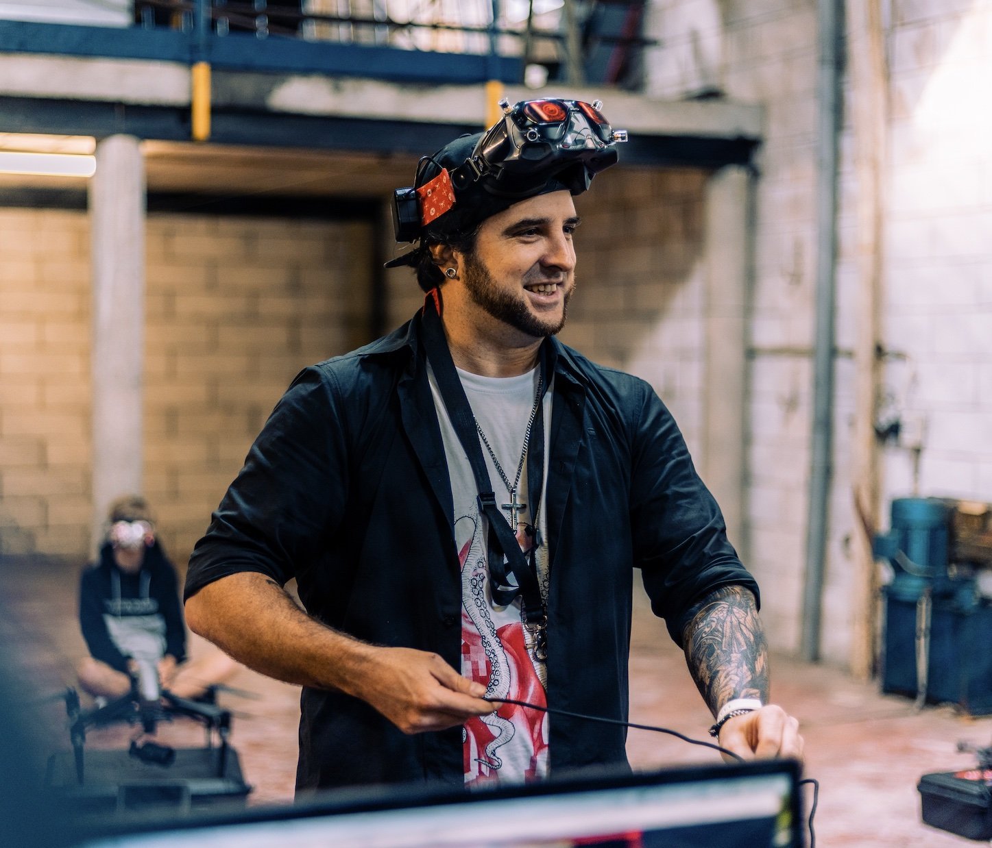 Ronny King on set wearing FPV goggles